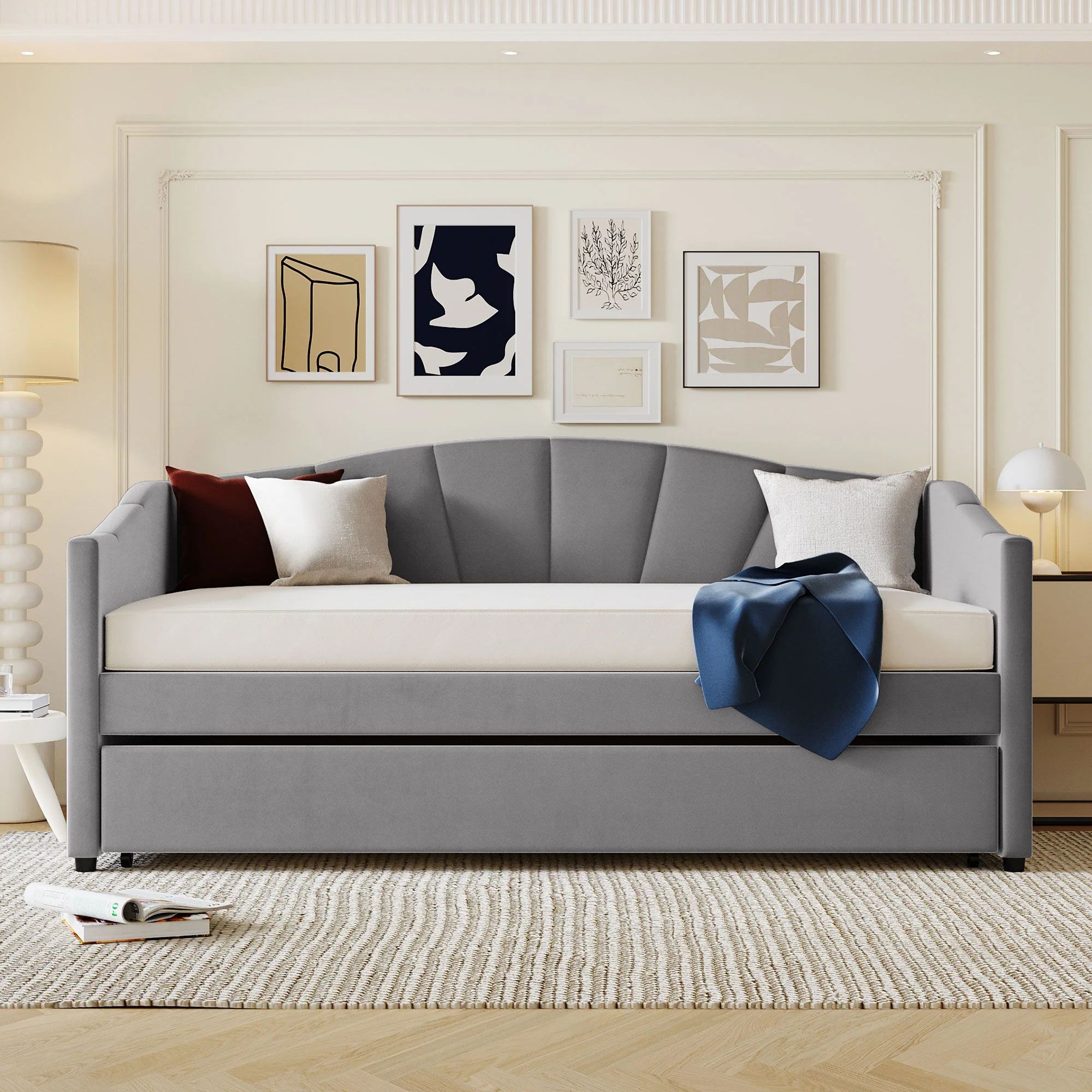 Upholstered Daybed Sofa Bed With Trundle Bed And Wood Slat - Image 4