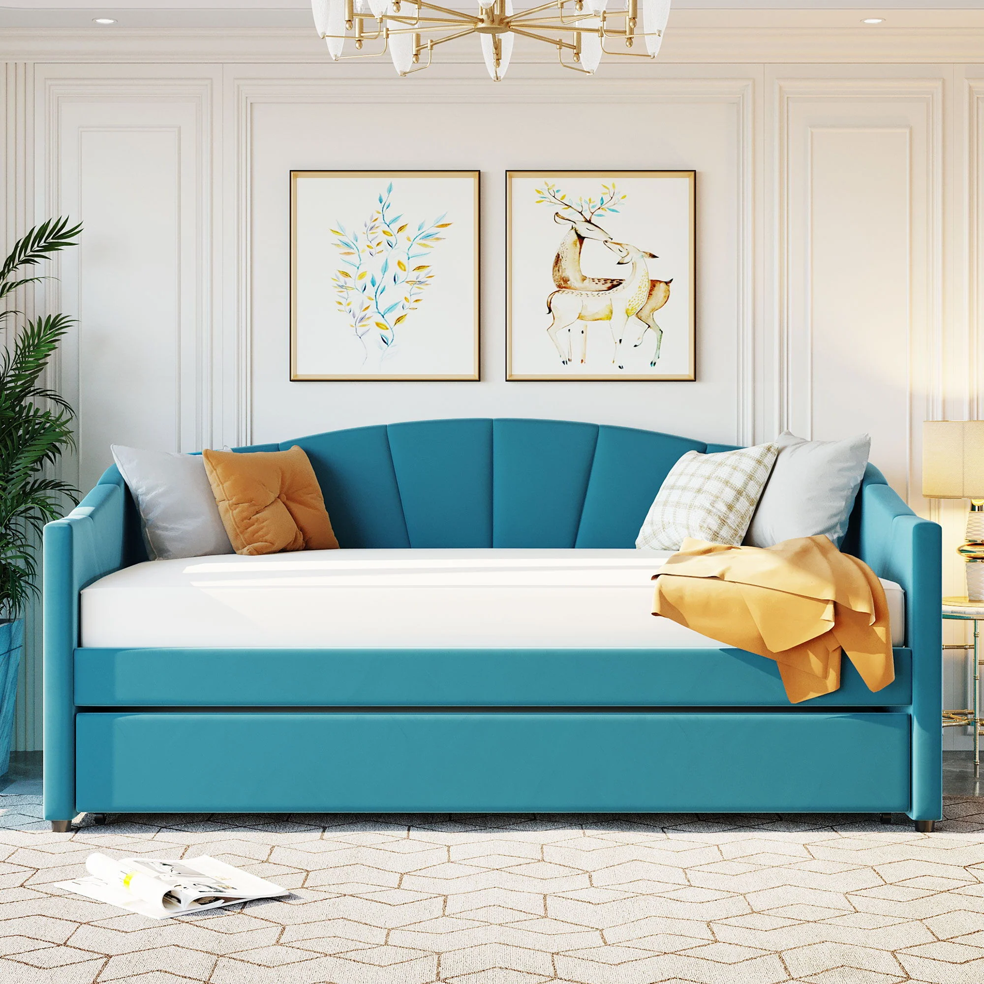 Upholstered Daybed Sofa Bed With Trundle Bed And Wood Slat - Image 5