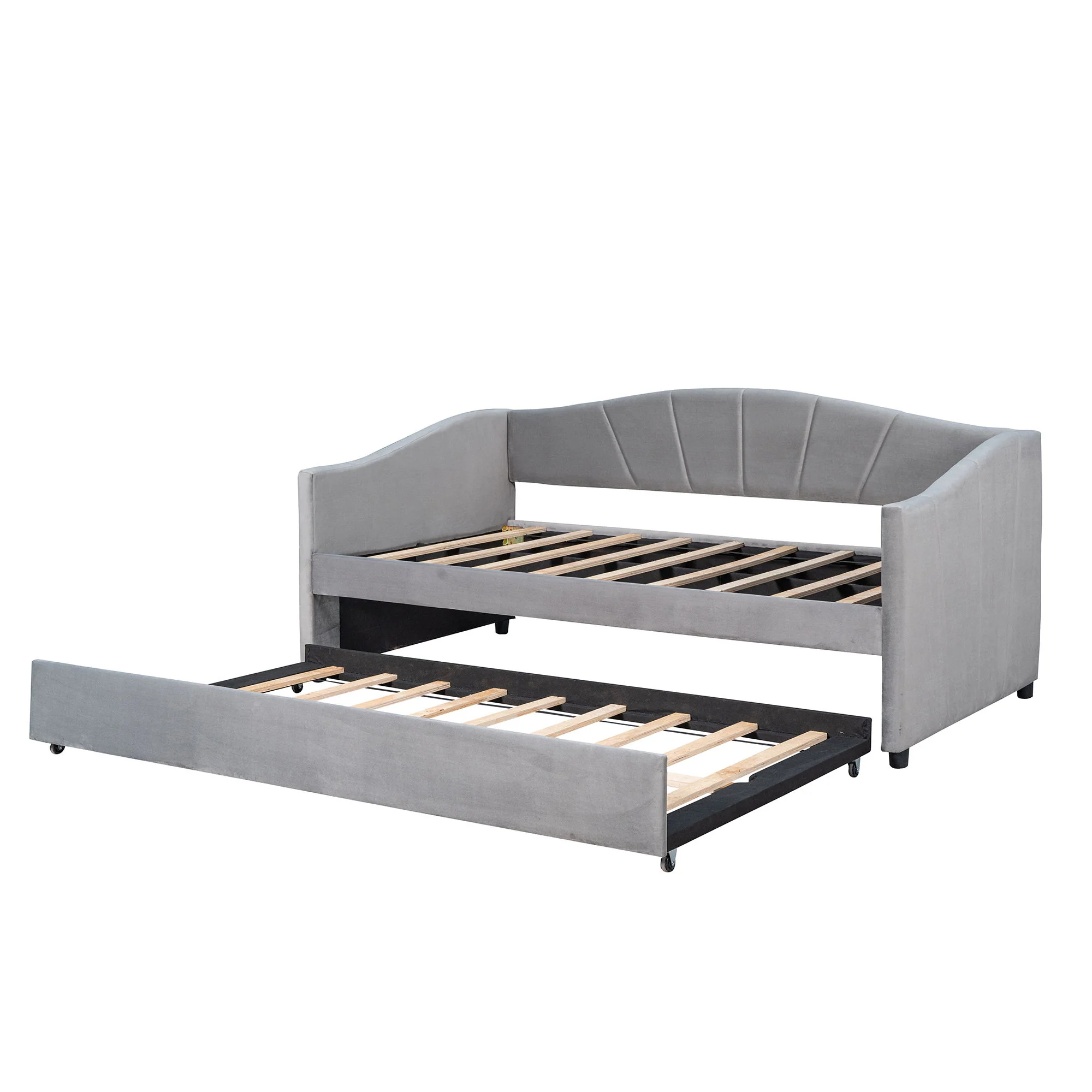 Upholstered Daybed Sofa Bed With Trundle Bed And Wood Slat - Image 7