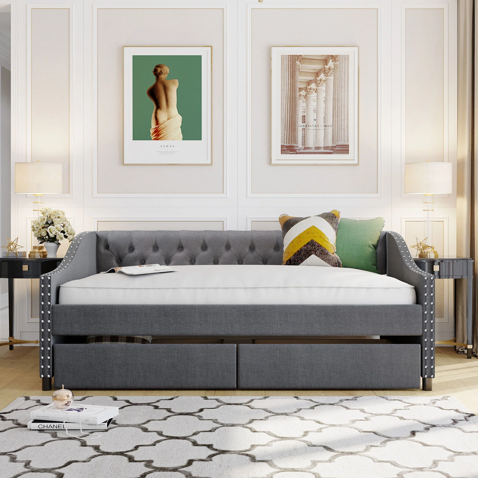 Upholstered Daybed With Two Drawers, Wood Slat Support - Image 2