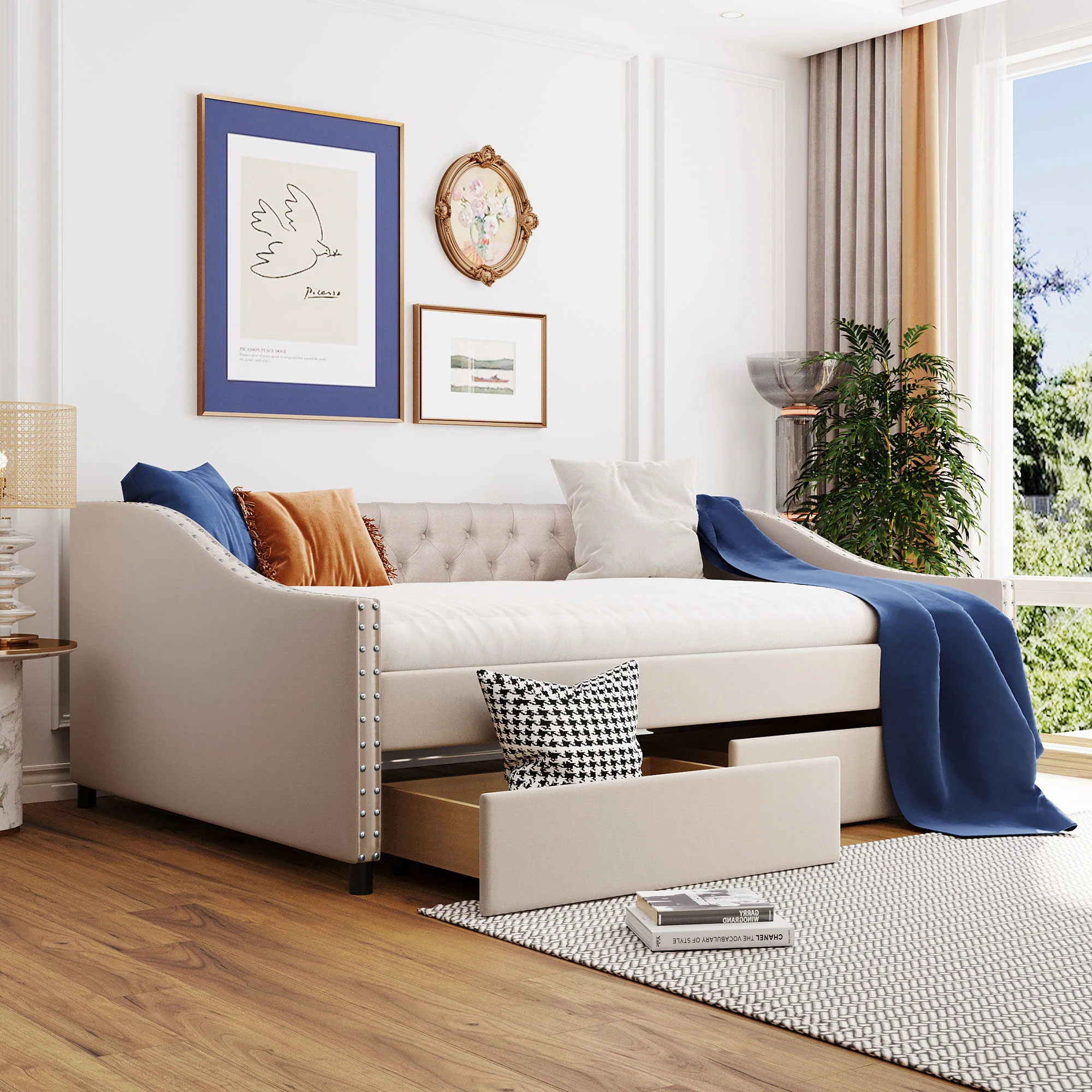 Upholstered Daybed With Two Drawers, Wood Slat Support - Image 6