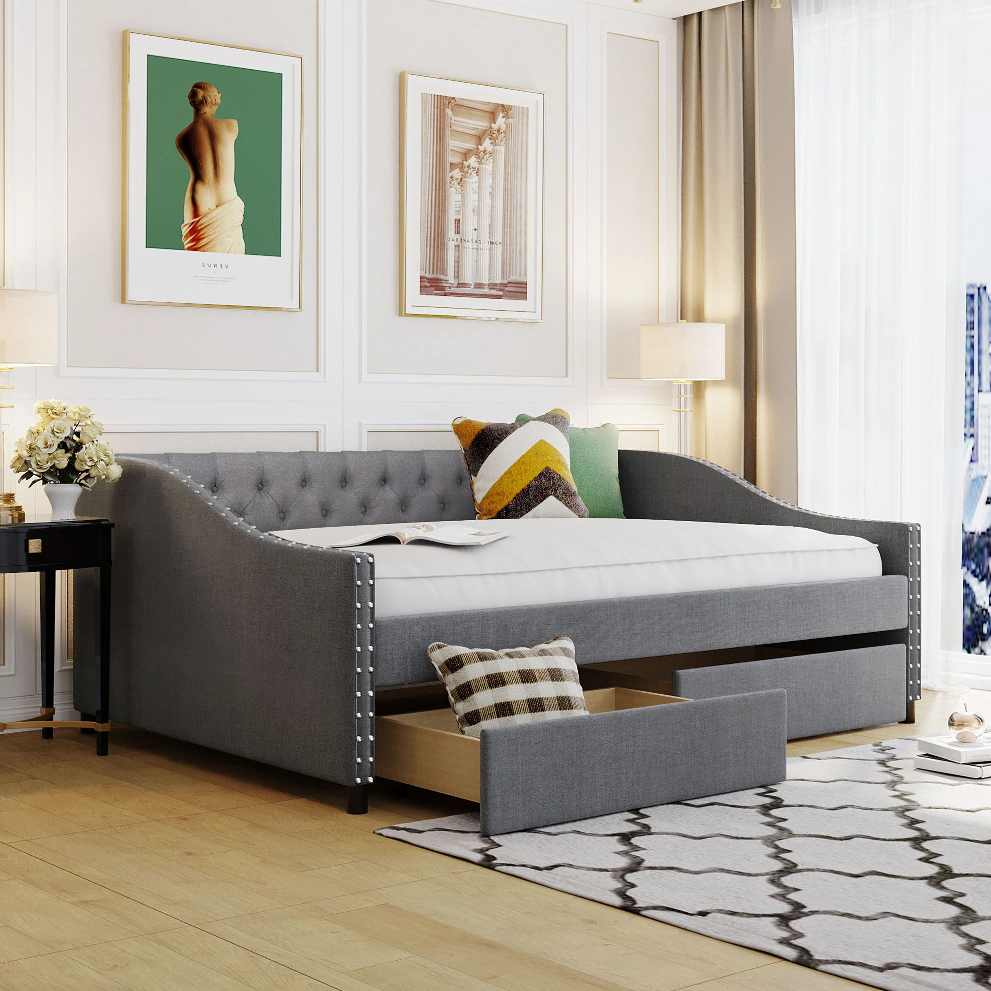Upholstered Daybed With Two Drawers, Wood Slat Support - Image 7