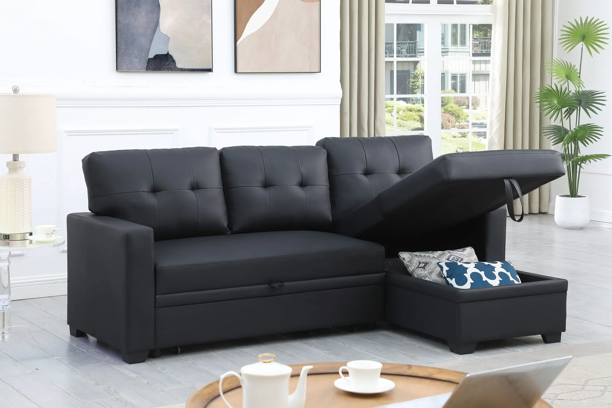 Upholstered Pull Out Sectional Sofa With Chaise - Image 2