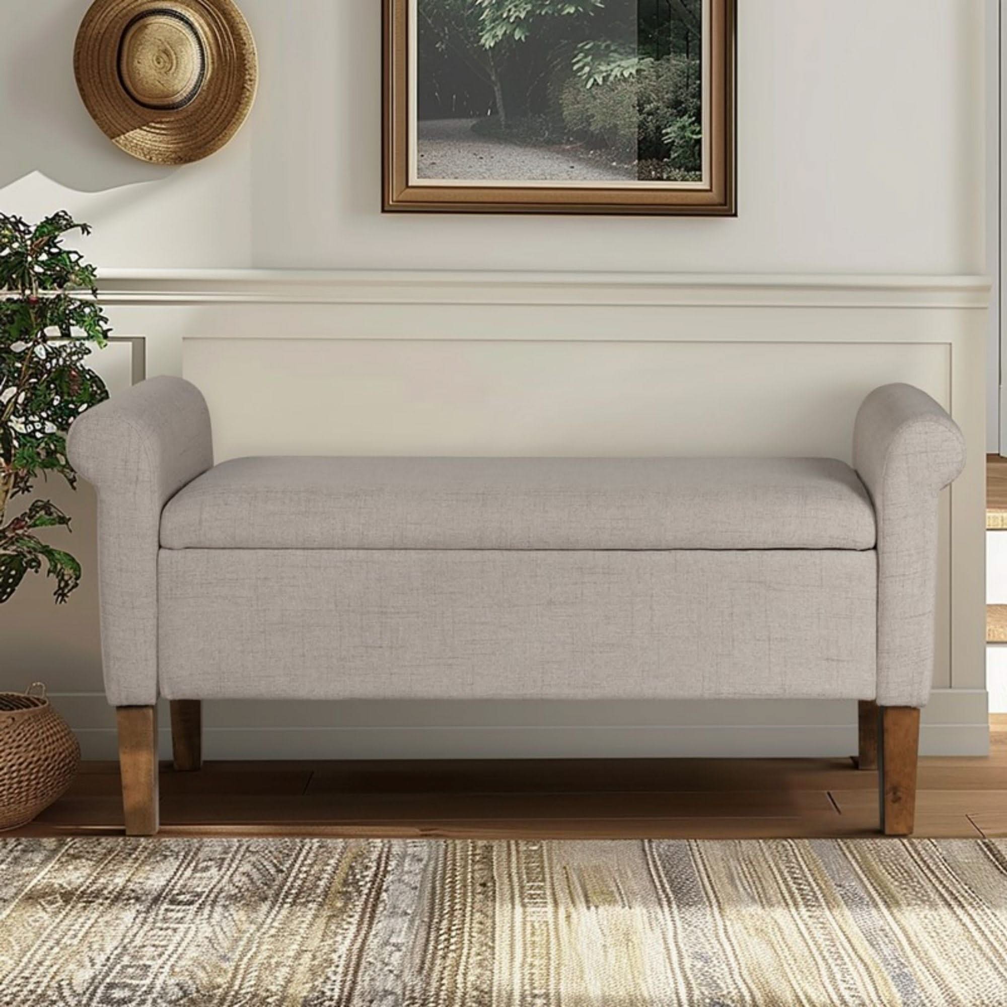 Upholstered Storage Bench With Rolled Armrests - Beige - Image 2