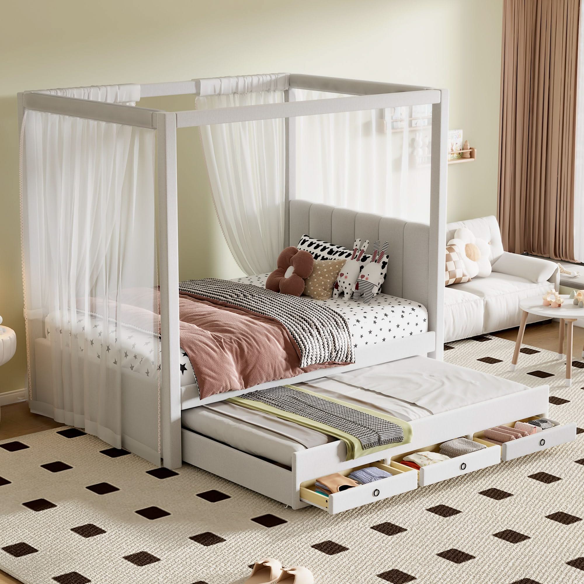 Upholstery Canopy Platform Bed With Trundle And Three Storage Drawers - Image 2
