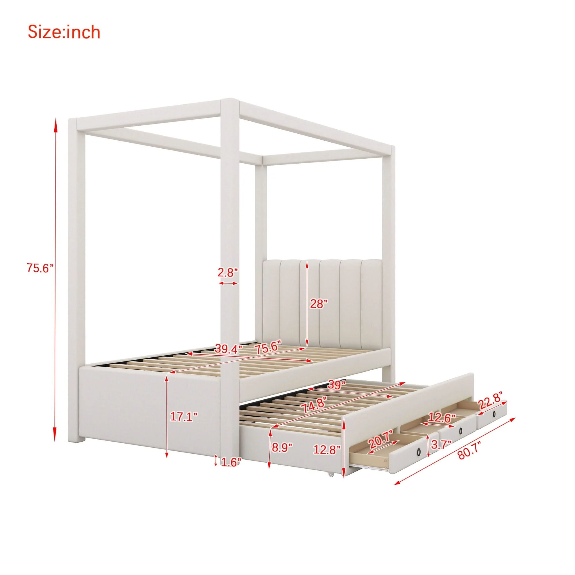 Upholstery Canopy Platform Bed With Trundle And Three Storage Drawers - Image 3