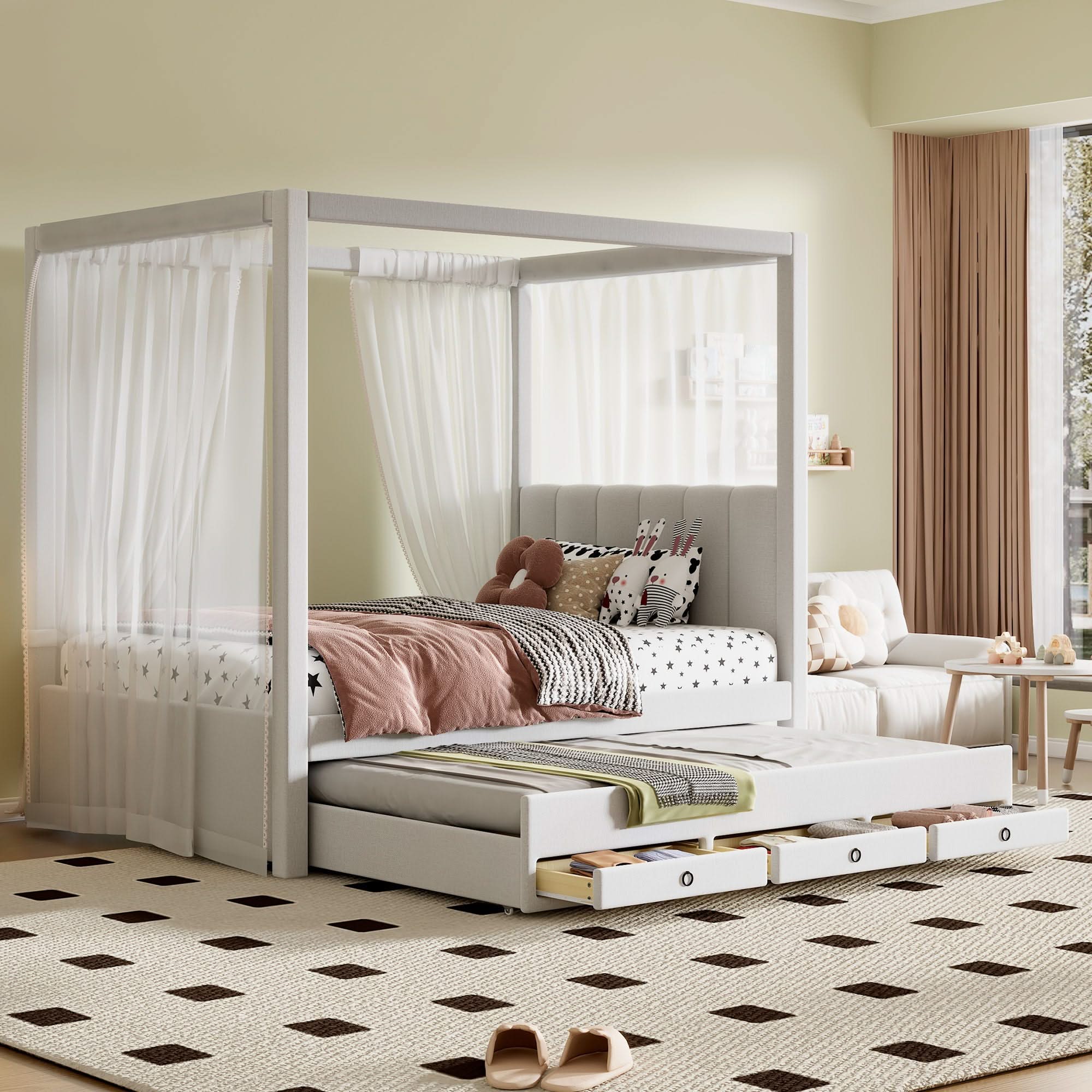 Upholstery Canopy Platform Bed With Trundle And Three Storage Drawers - Image 4