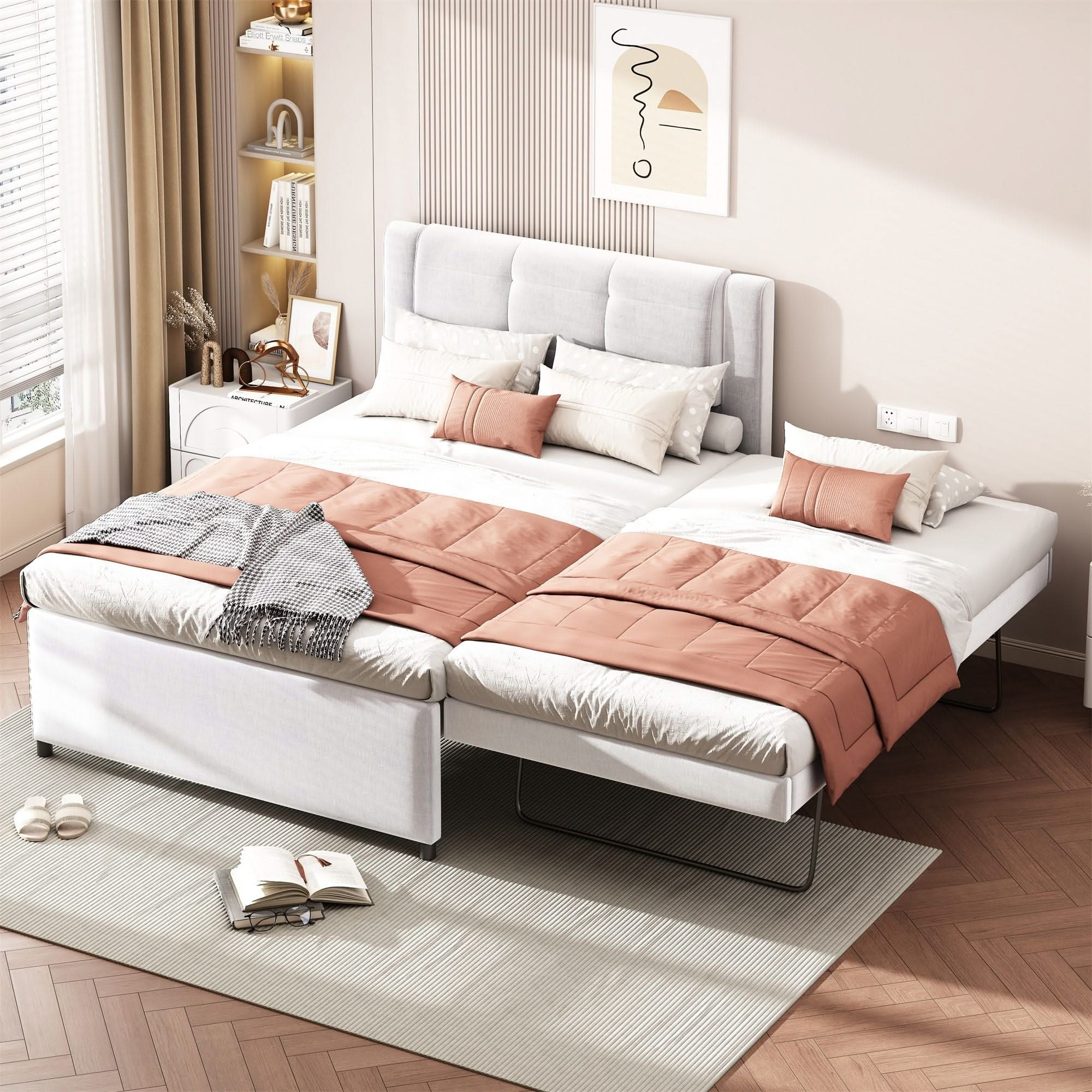Upholstery Platform Bed With Trundle, Trundle Can Be Flat Or Erected - Image 3