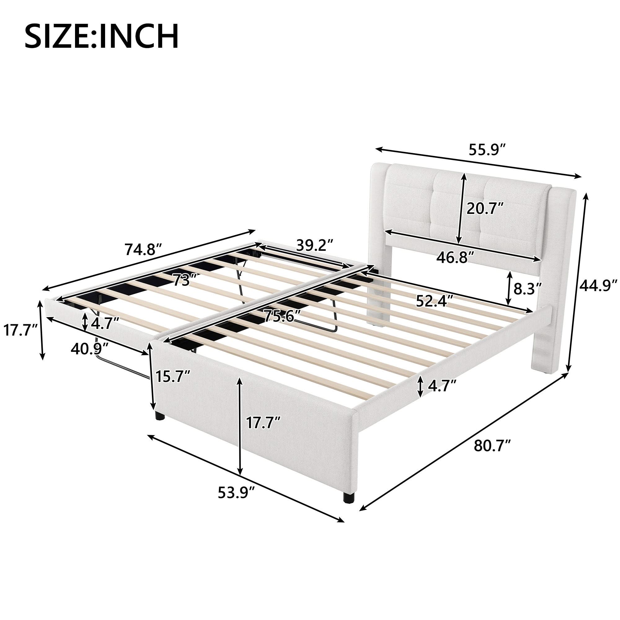 Upholstery Platform Bed With Trundle, Trundle Can Be Flat Or Erected - Image 4