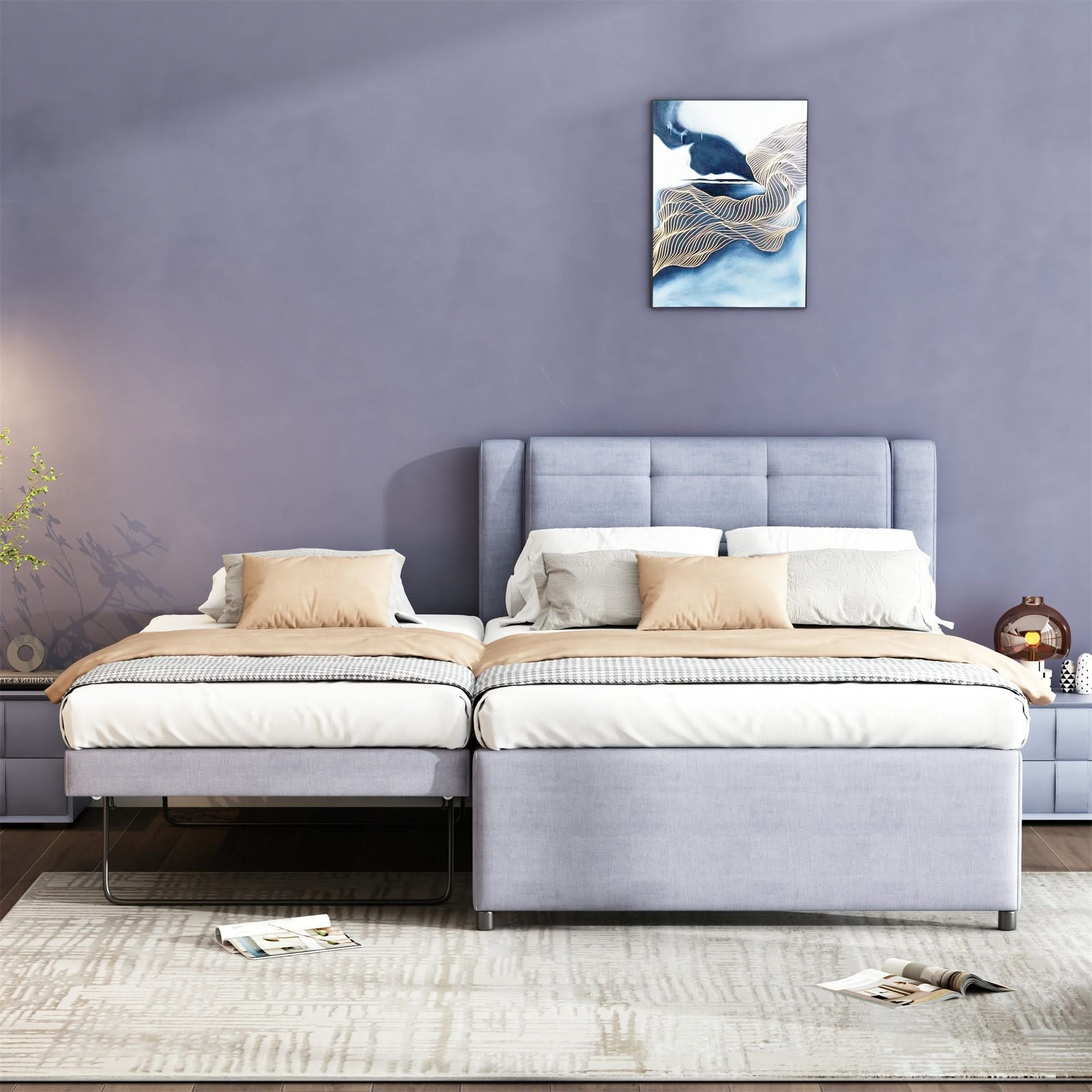 Upholstery Platform Bed With Trundle, Trundle Can Be Flat Or Erected - Image 5
