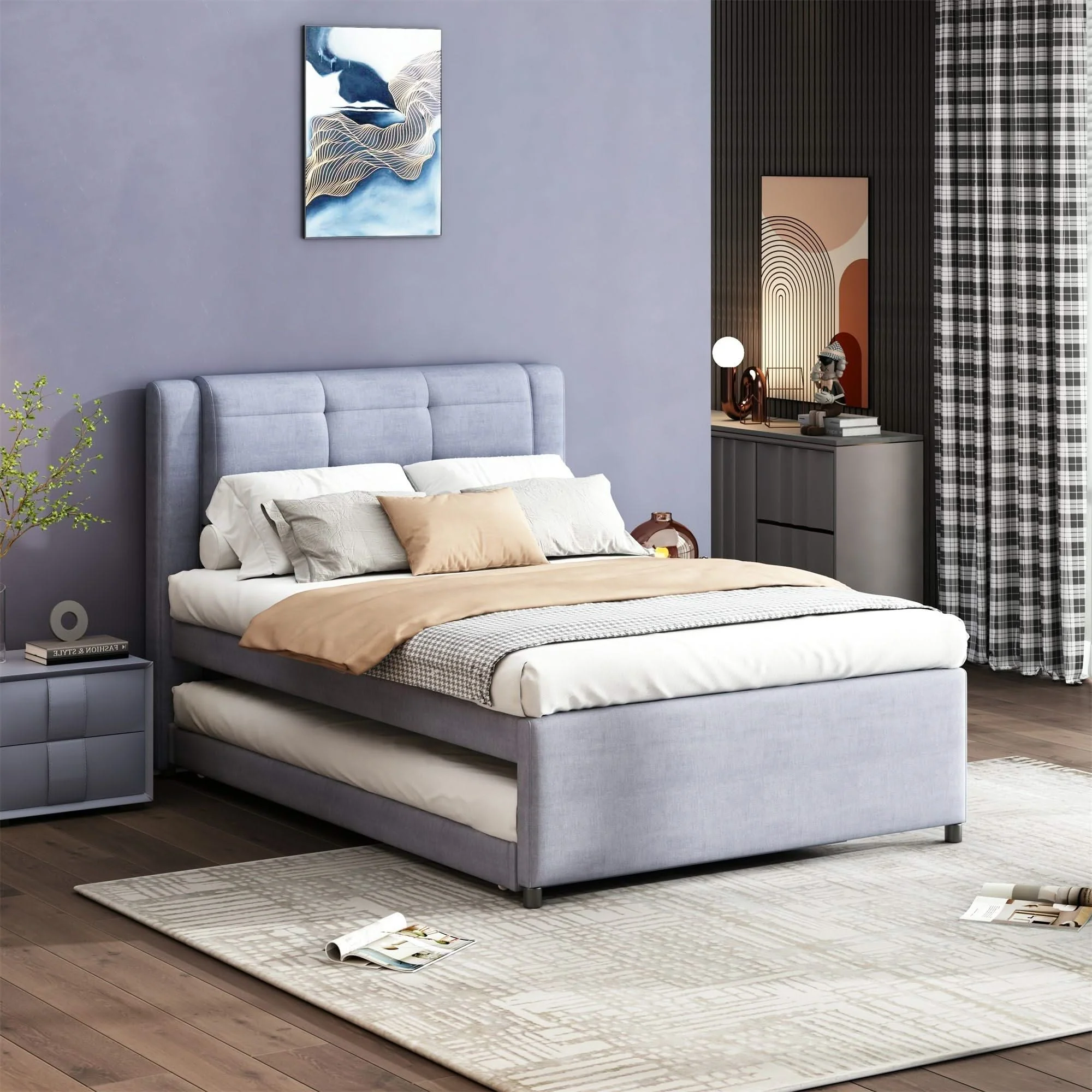 Upholstery Platform Bed With Trundle, Trundle Can Be Flat Or Erected - Image 6