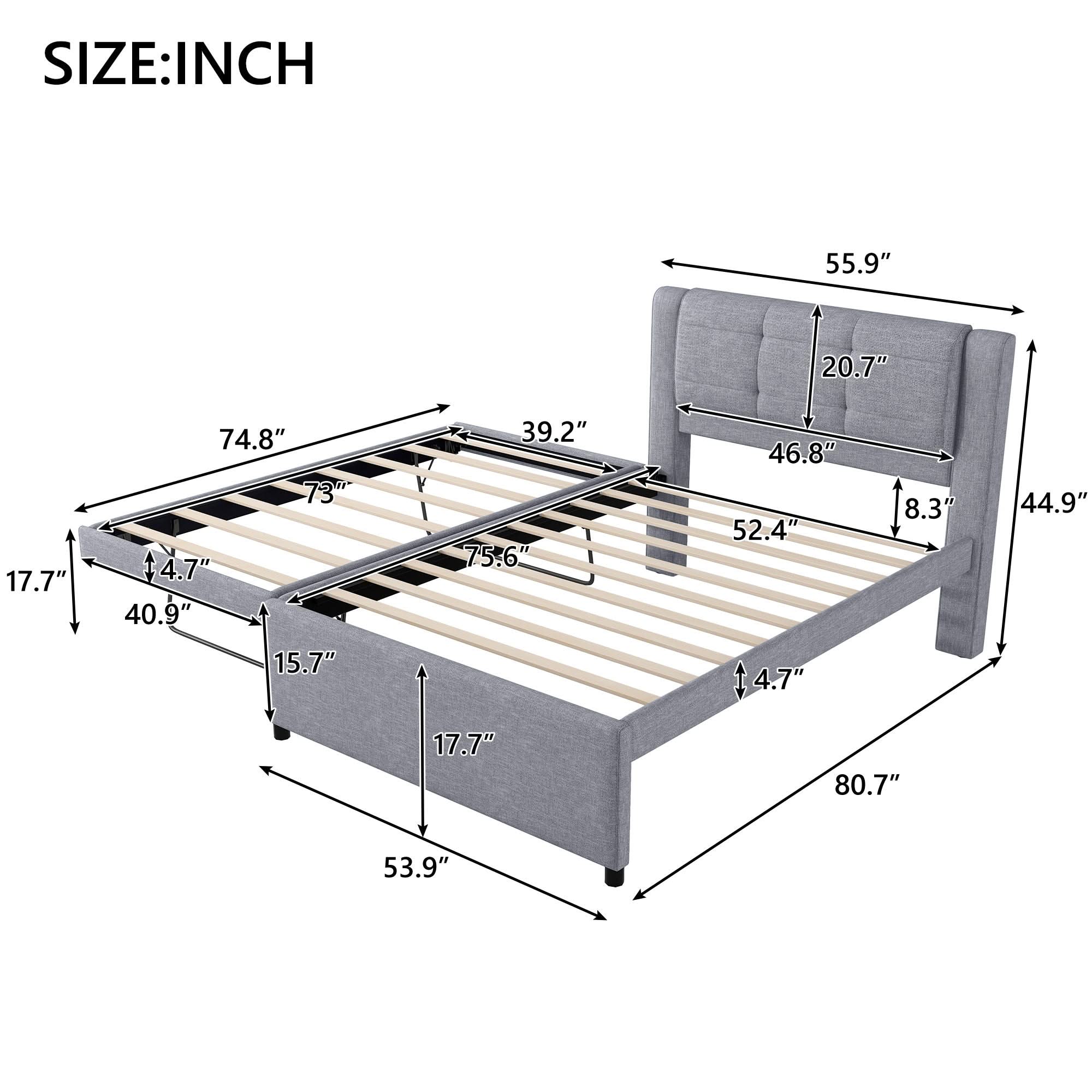 Upholstery Platform Bed With Trundle, Trundle Can Be Flat Or Erected - Image 7