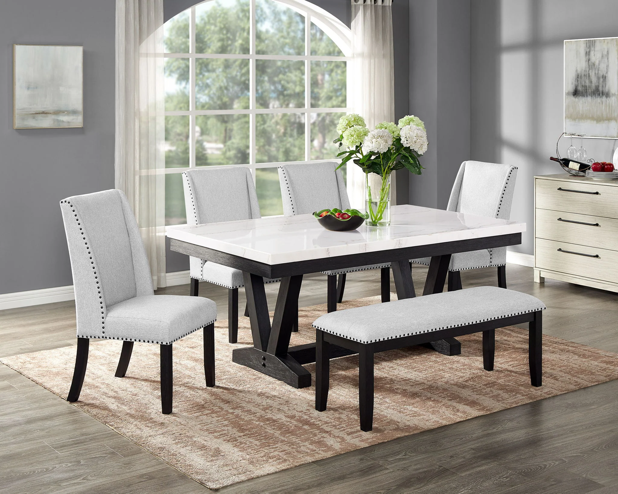 Varley - 6 Piece Dining Room Set With 4 Wing Dining Chairs & Bench - White / Gray
