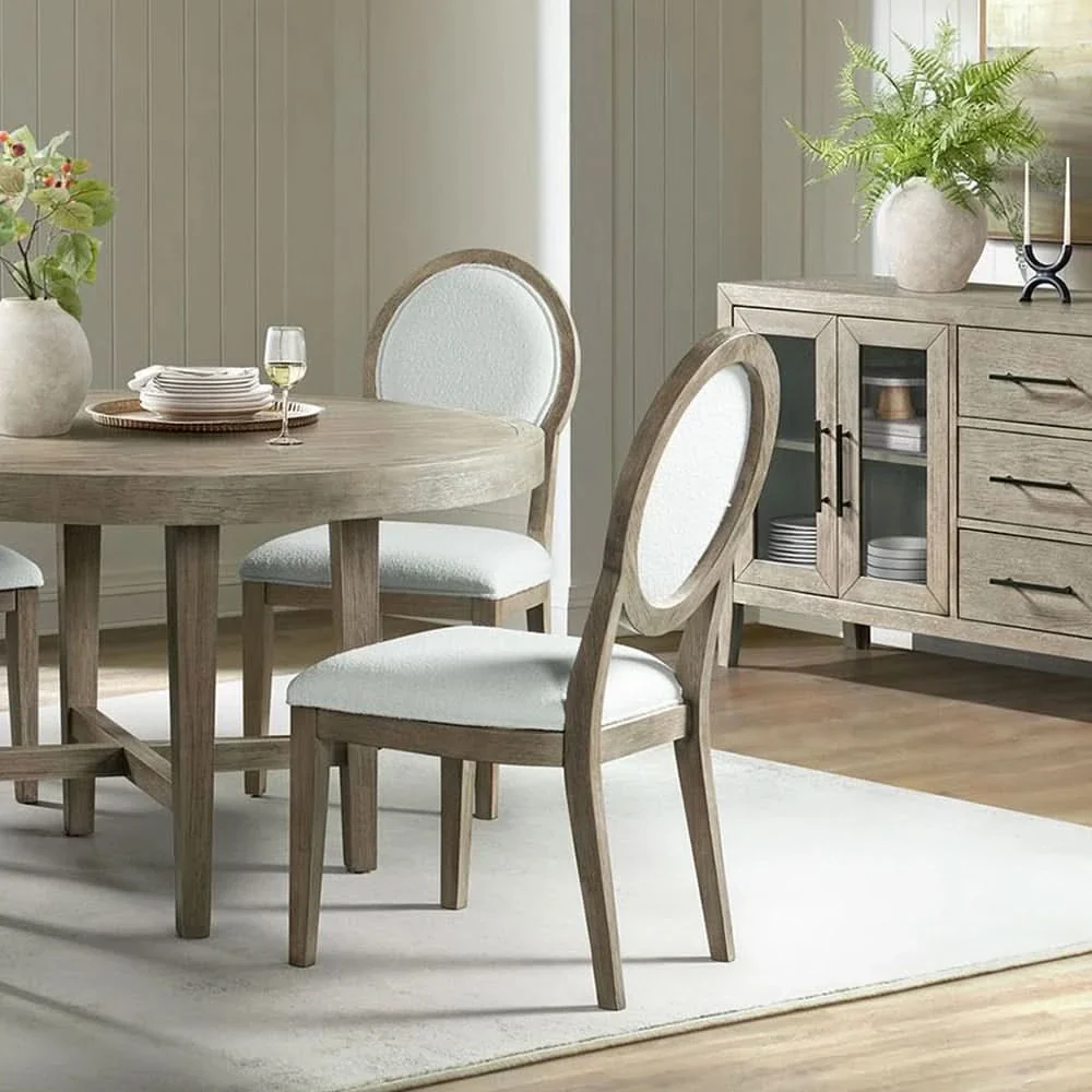 Versailles Grey Oak 5PC Round Dining Set with Boucle Upholstered Chairs - Image 3