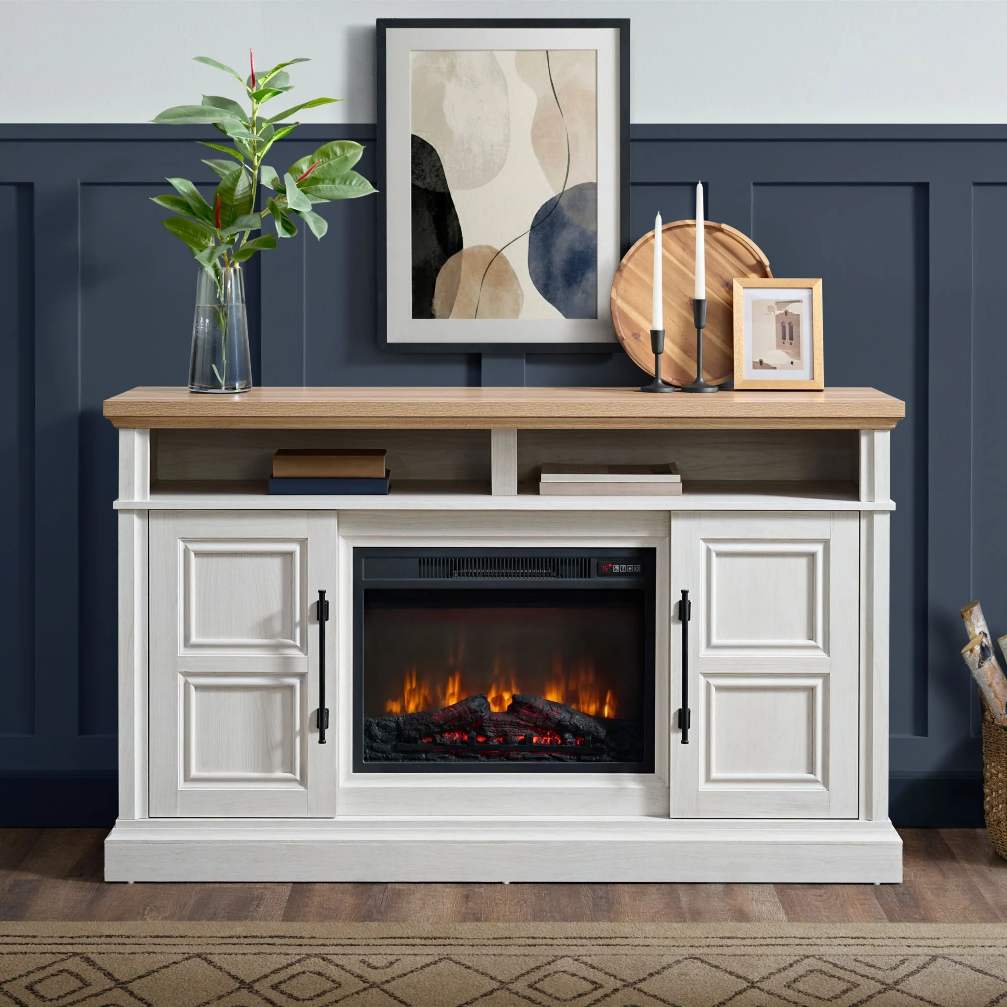 Villa - Console With 23" Fireplace Insert - White & Natural - Image 3