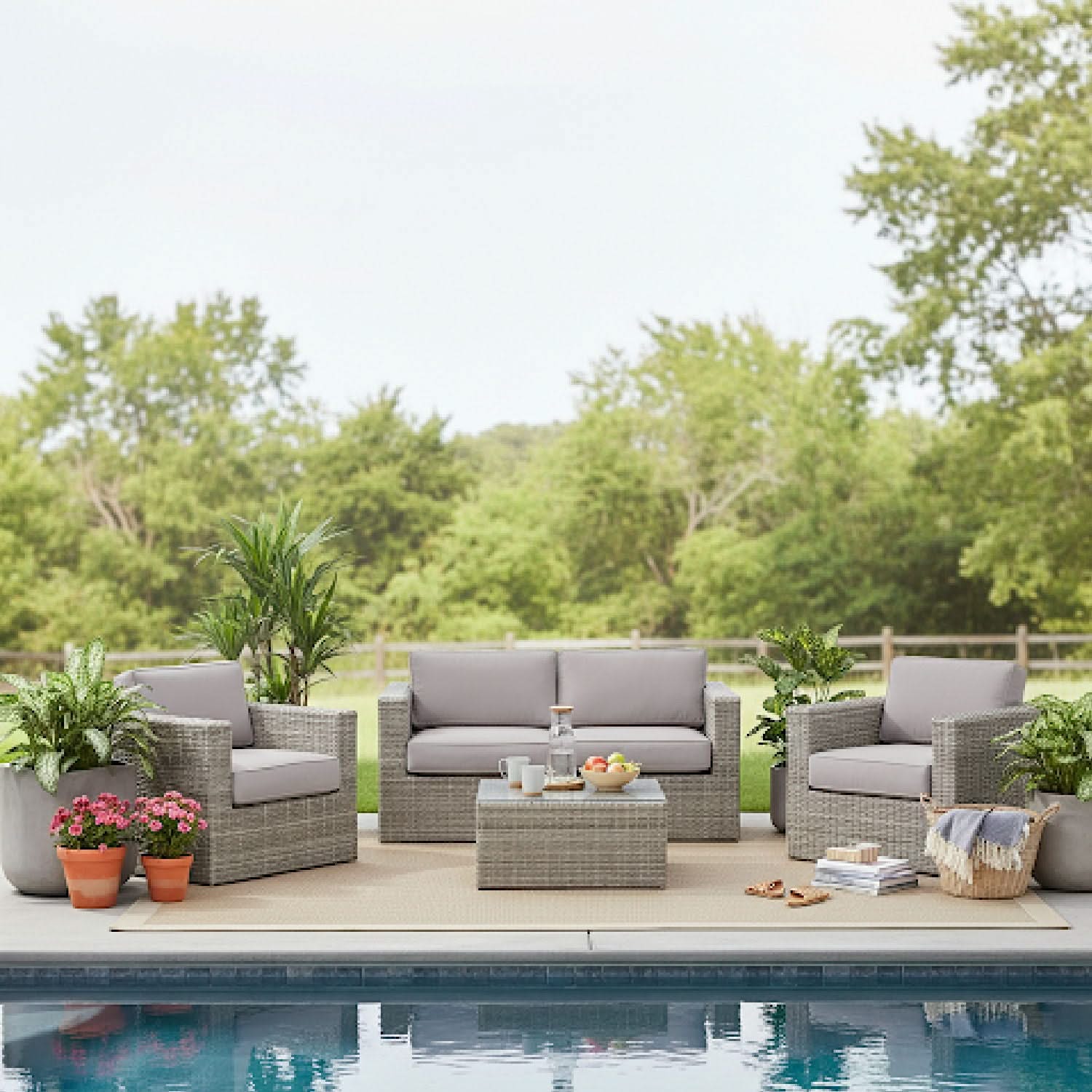 Wicker Seating Group Set With Table And Cushions - Image 26