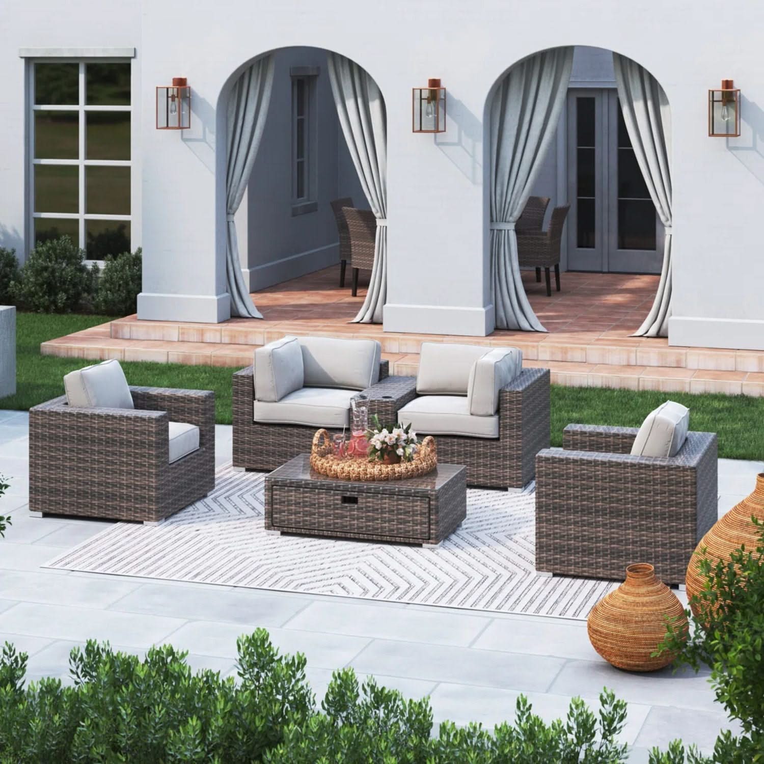 Wicker Seating Group Set With Table And Cushions - Image 35