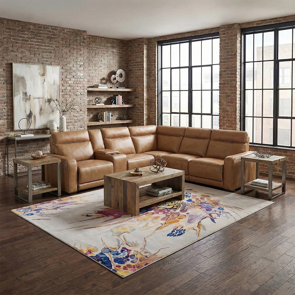 Moto Motion Zeppelin Honey Leather 6 Piece Power Reclining Sectional with Console Immersive Sound and Triple Power Motion