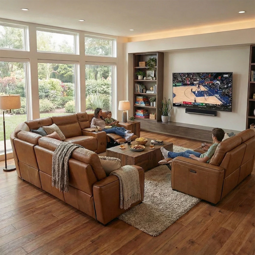 Moto Motion Zeppelin Honey Leather 7 Piece Power Reclining Sectional with Immersive Sound and Triple Power Motion - Image 2