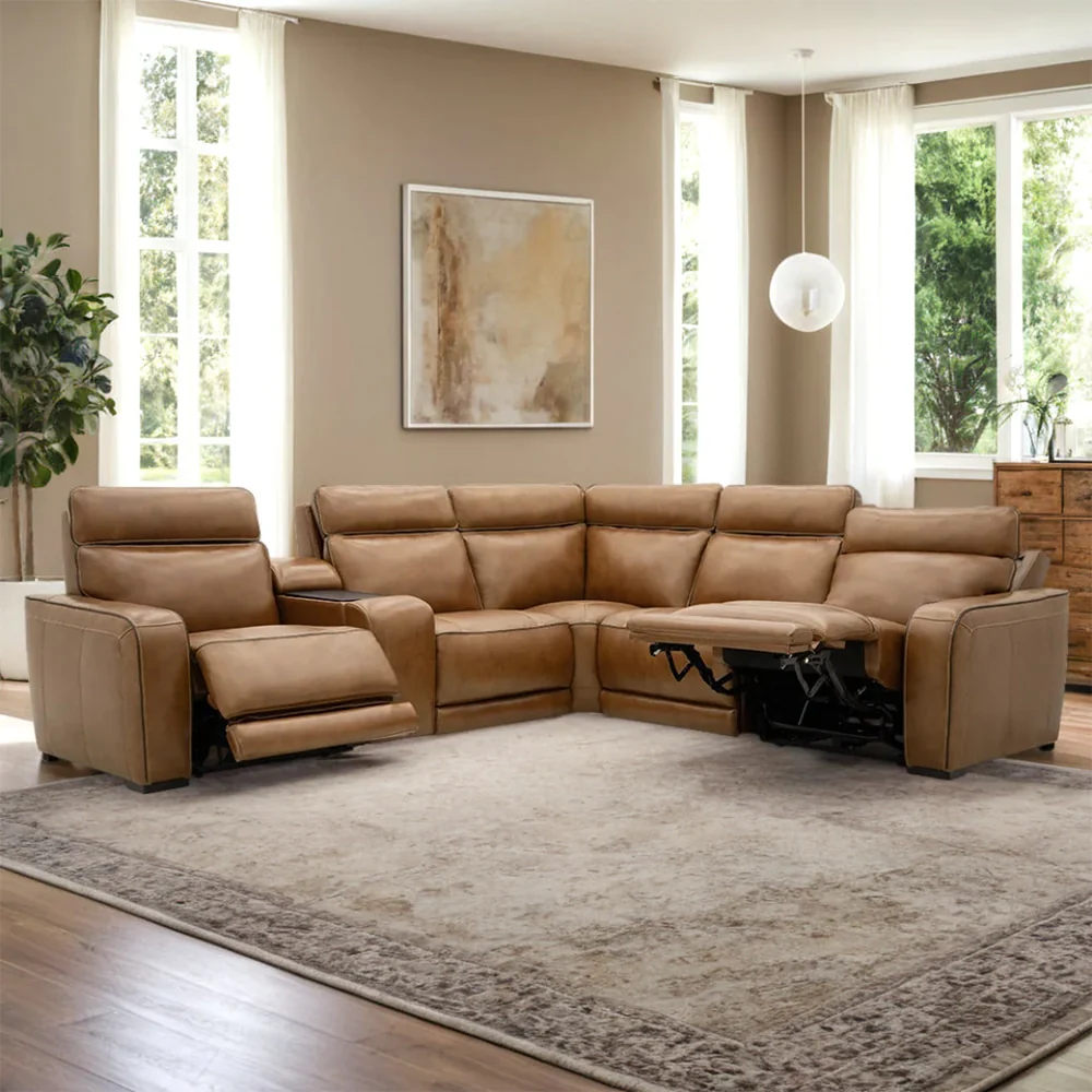 Moto Motion Zeppelin Honey Leather 6 Piece Power Reclining Sectional with Console Immersive Sound and Triple Power Motion - Image 3