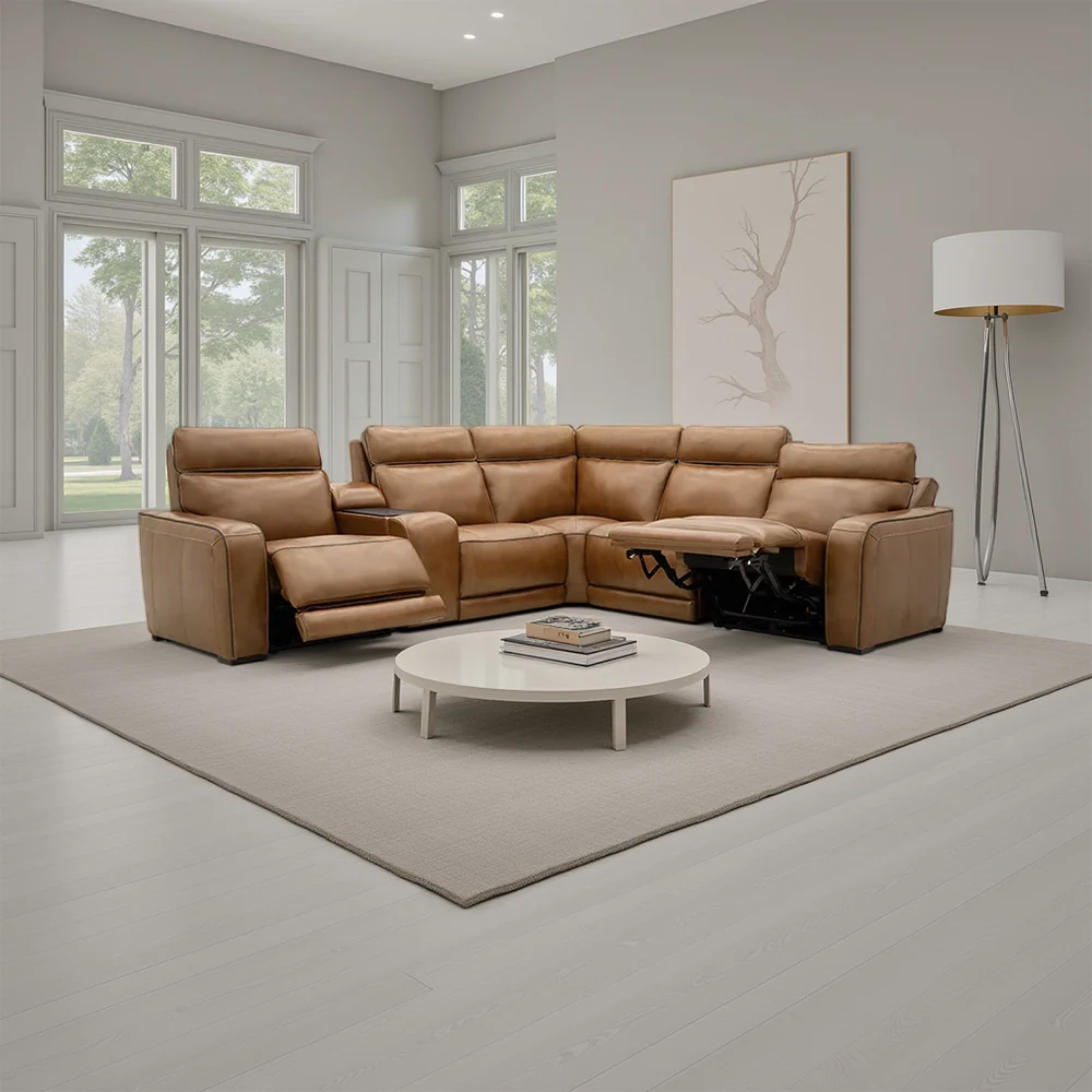 Moto Motion Zeppelin Honey Leather 6 Piece Power Reclining Sectional with Console Immersive Sound and Triple Power Motion - Image 4